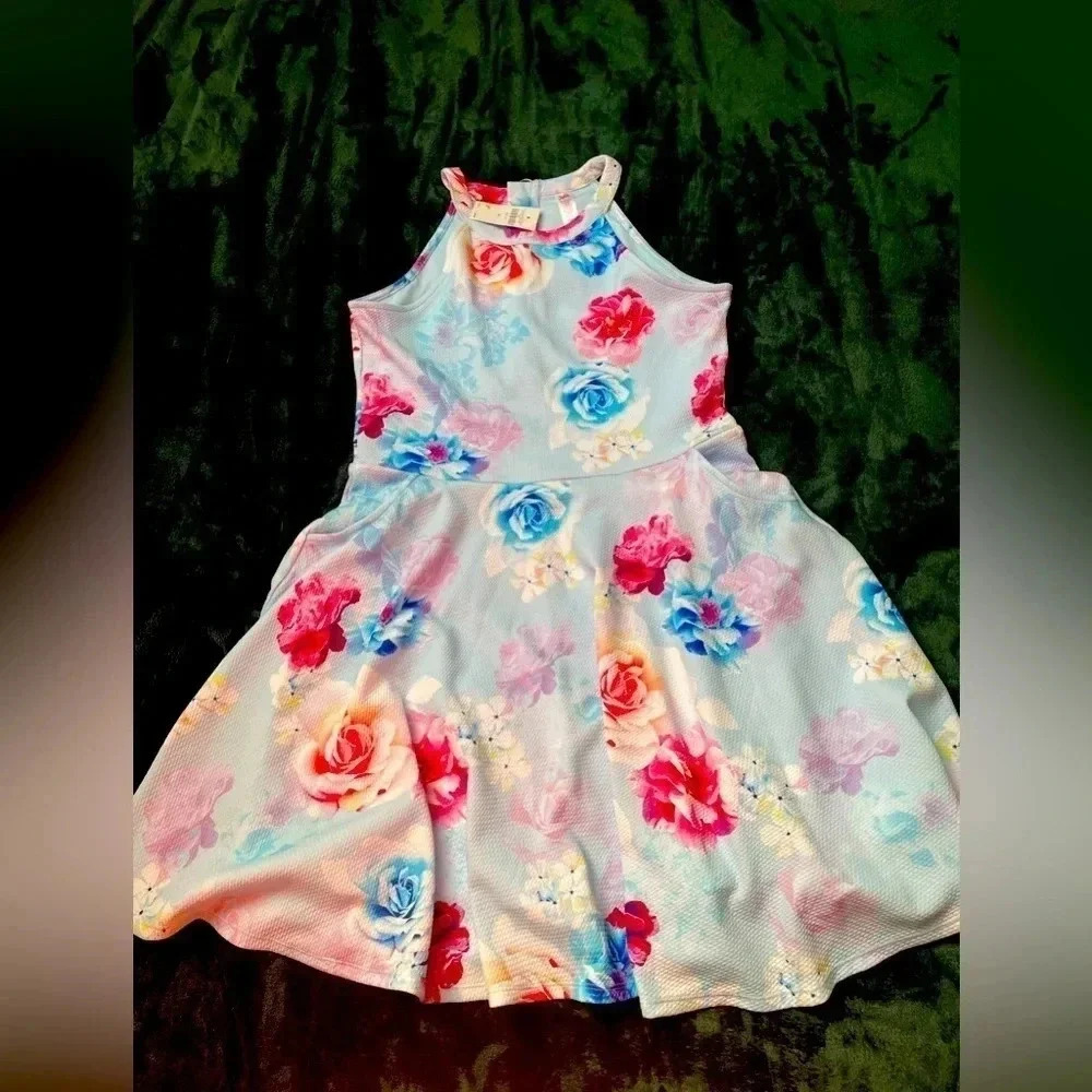 🆕 Justice Girls Blue & Pink Floral Swing‎ Dress Easter NWT Size 18 0267